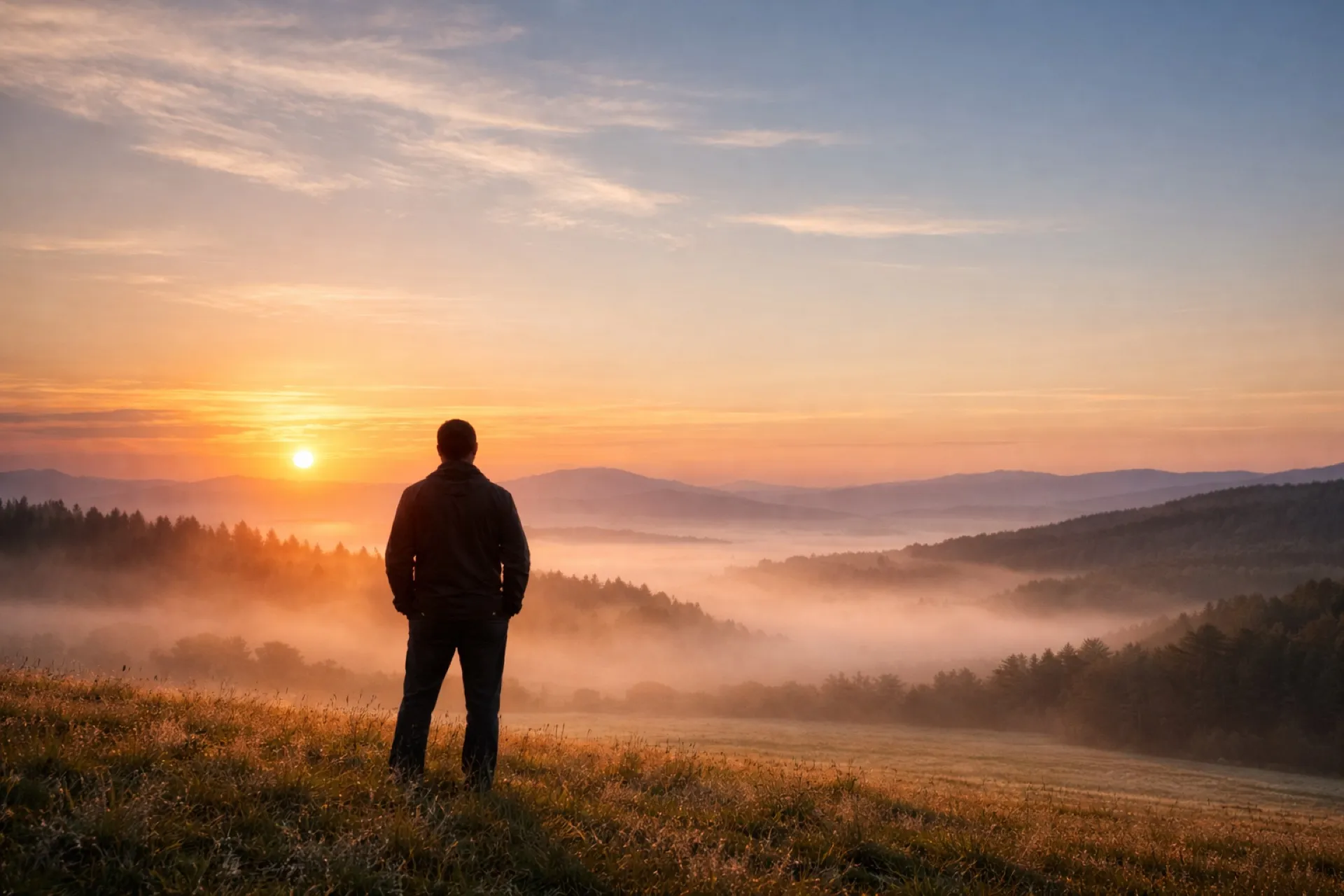 Una figura solitaria sobre una cresta al amanecer, por encima de colinas brumosas — los sistemas vivos evolucionando hacia la plenitud.