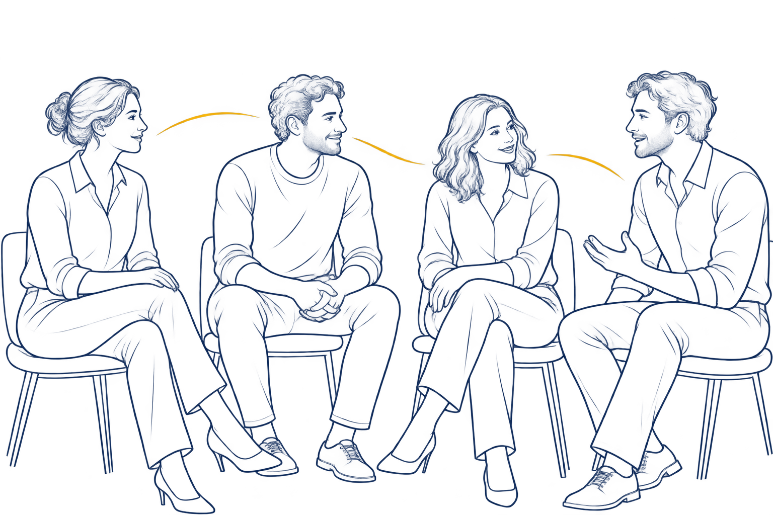Tres colegas sonríen y escuchan al compañero de la derecha, ilustrados con líneas finas azul marino y conexiones doradas discretas.